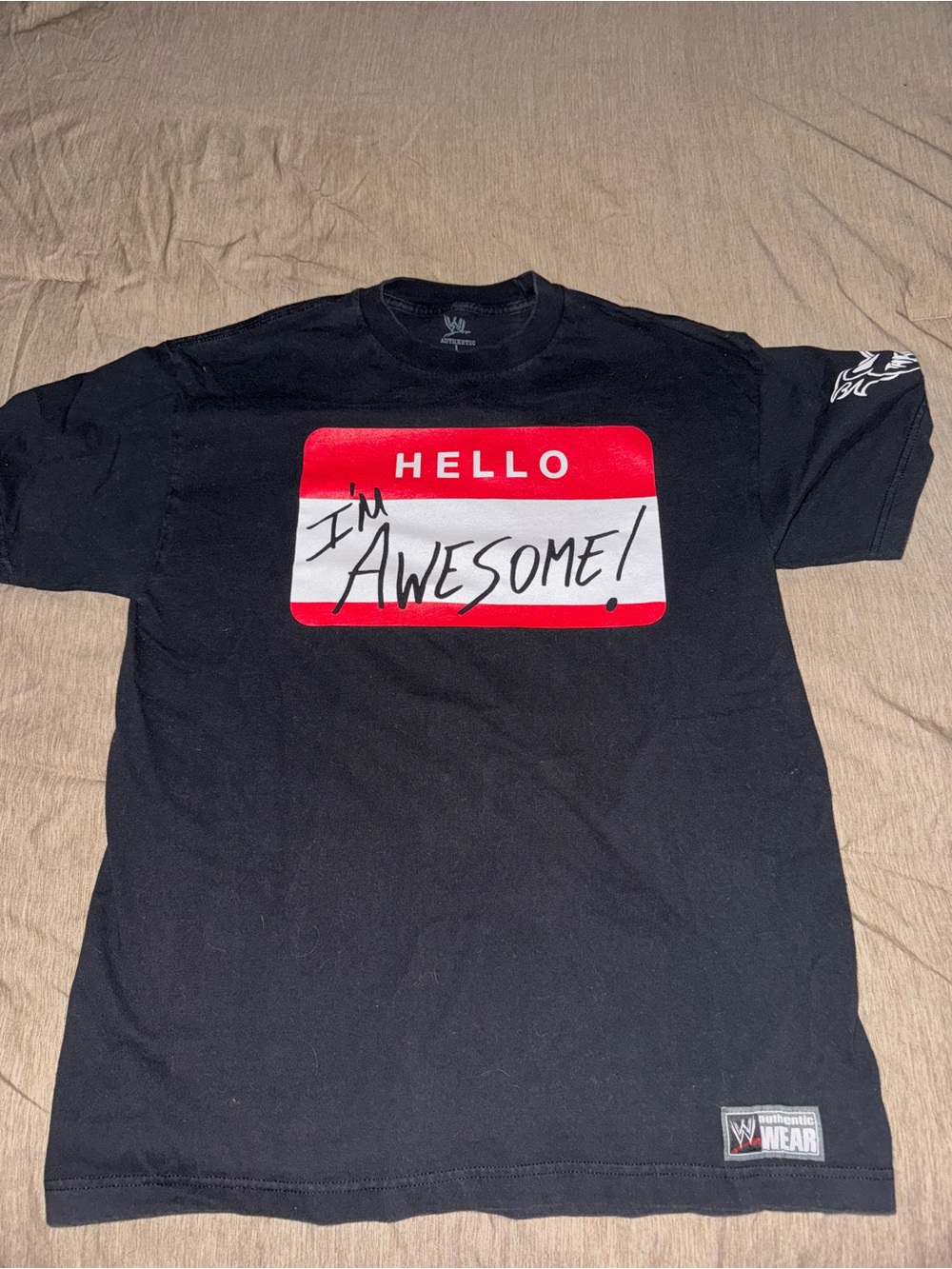 WWE Black Short Sleeve Tee with Red & White 'HELLO I'm AWESOME' Graphic